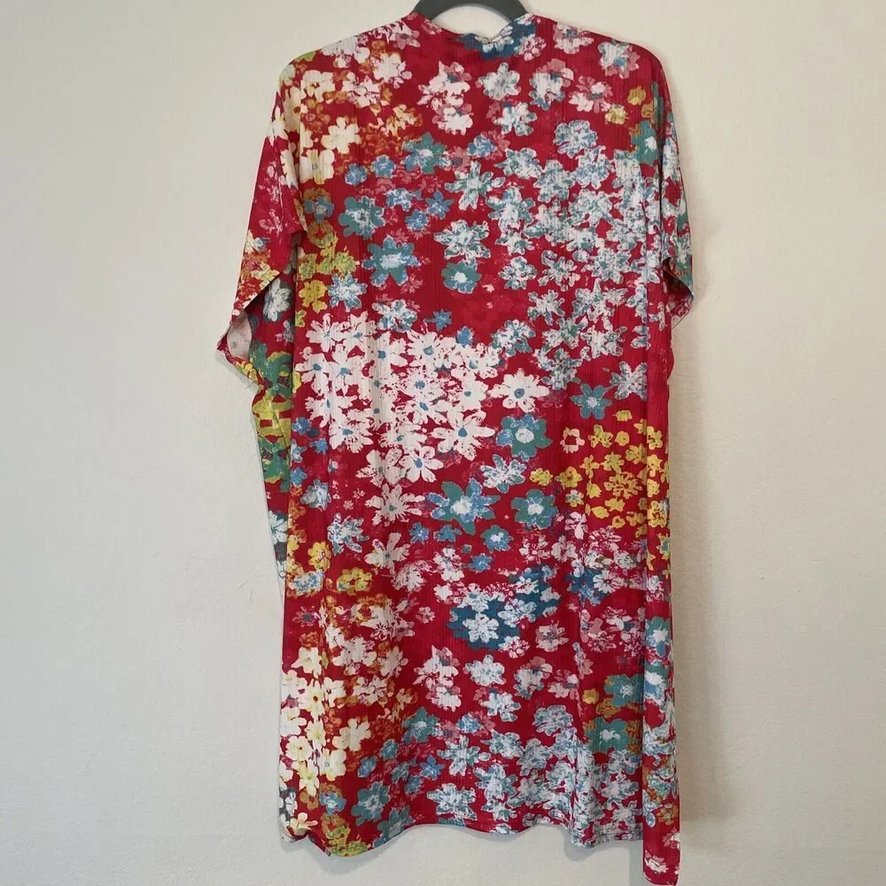 Lily by Firmiana Kimono Wrap Floral Satin L Multicolor Flowers Beach Coverup NEW